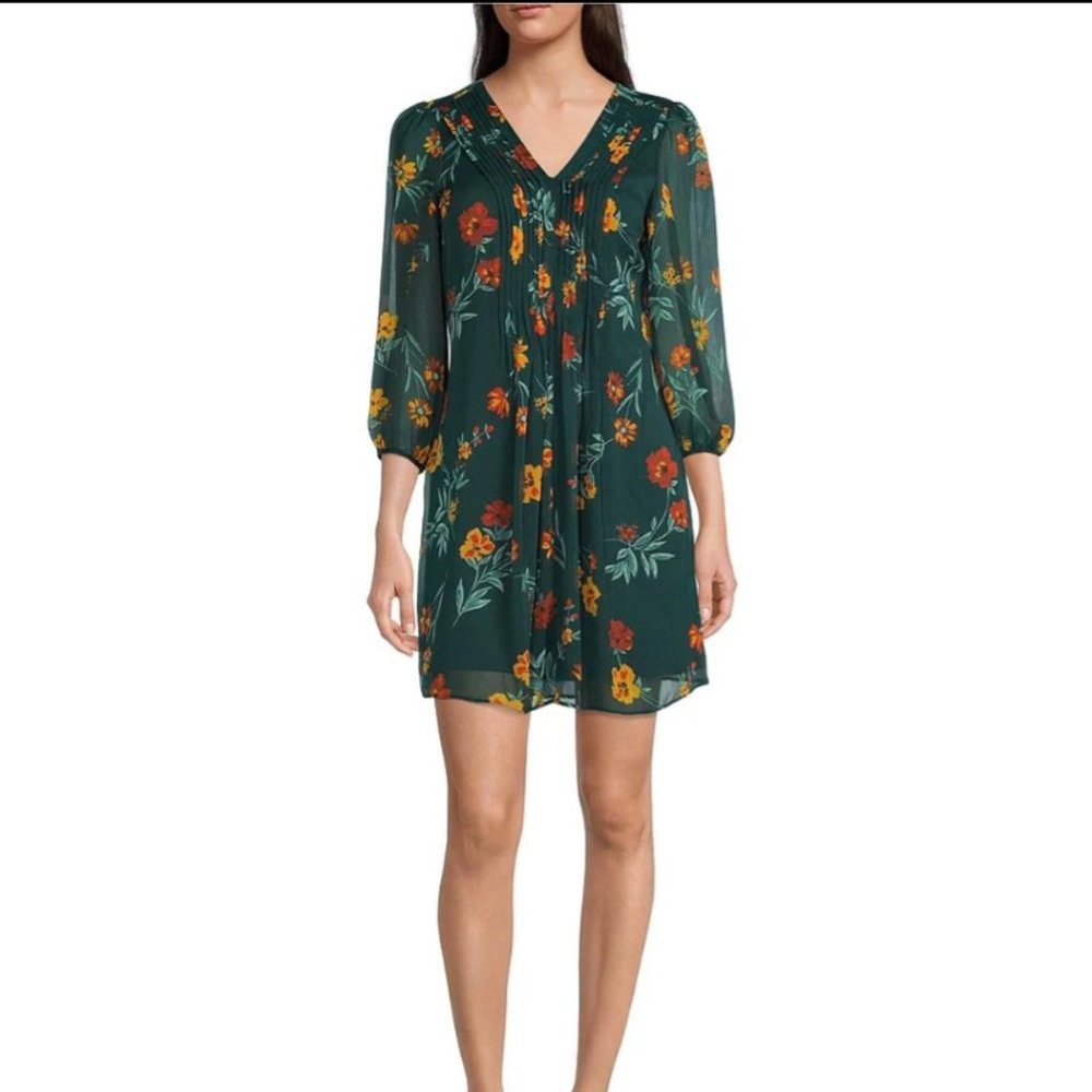 Floral print fall crinkle chiffon 3/4 sleeve v neck dress